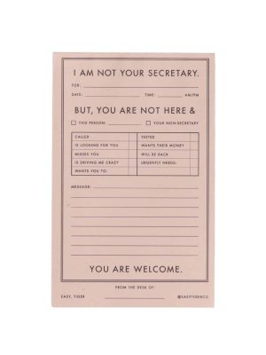 Blush pink notepad titled "I Am Not Your Secretary" with pre-filled message slots and humorous categories.