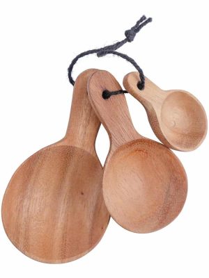 Three carved acacia wood spoons tied together with twine, displayed on a white background.