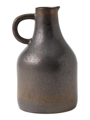 Ceramic vase with a bronze-toned reactive glaze and jug-style handle, displayed against a neutral background