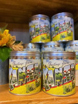 Be Made Hays, KS. Greetings From Kansas Candle Single Wick Scented Honey Bourbon Colorful Tin