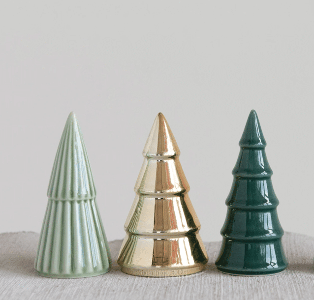 Be Made Hays, KS. Porcelain Christmas Tree Set of 3 Green, Gold, and Sage 3.5" Tall