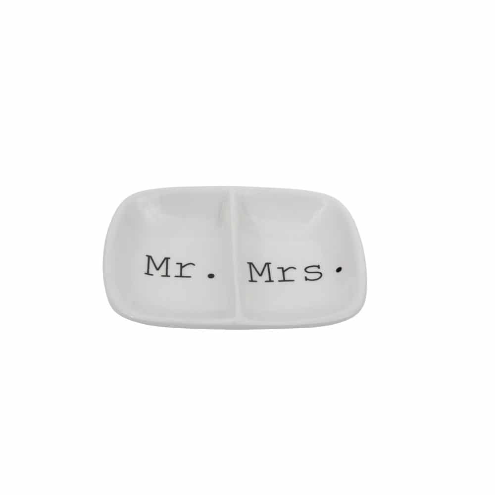 Be Made Hays, KS. Stoneware Divided Ring Dish White Mr. & Mrs. Wedding
