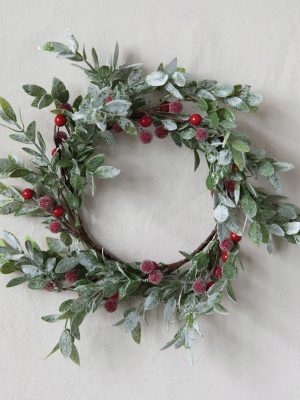 Be Made Hays, KS. Frosted Faux Leaves and Red Berries 16" Pick or 12" Wreath Christmas
