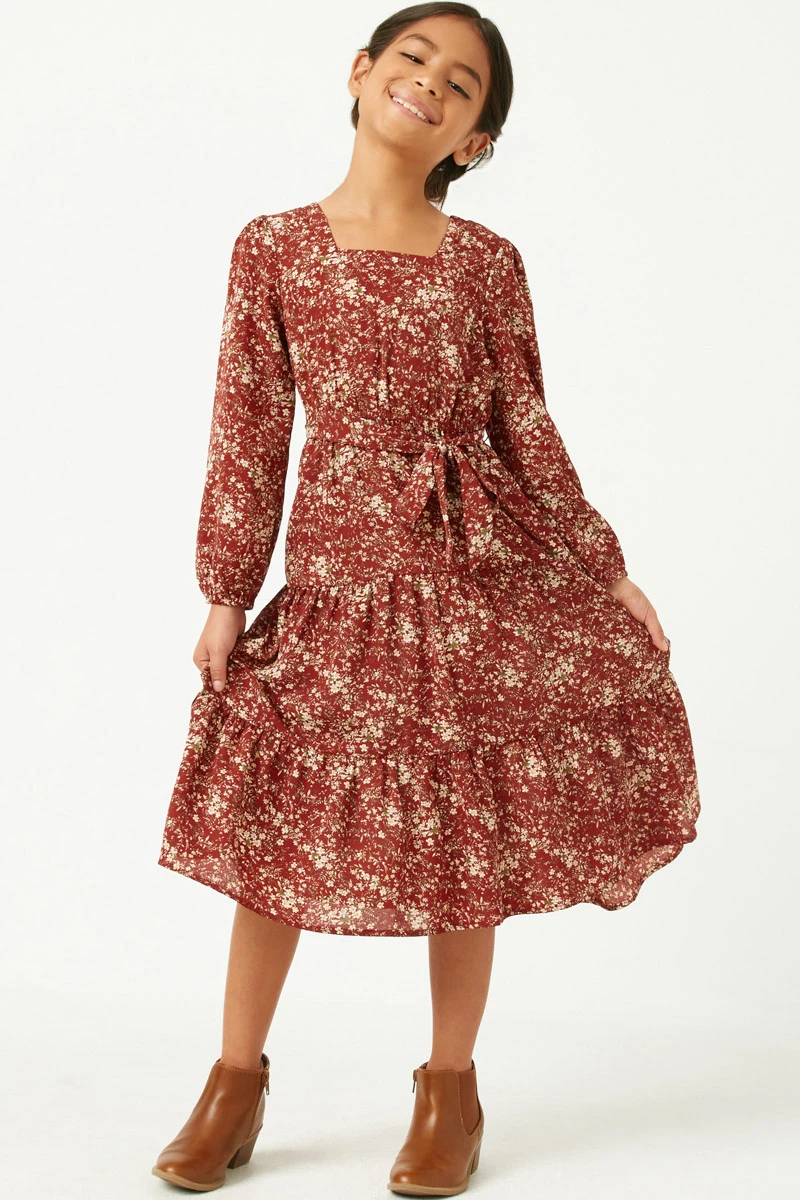 Be Made Hays, KS. Girls Tween Youth Hayden LA Floral Square Neck Dress with Long Puff Sleeve and Belted Waist