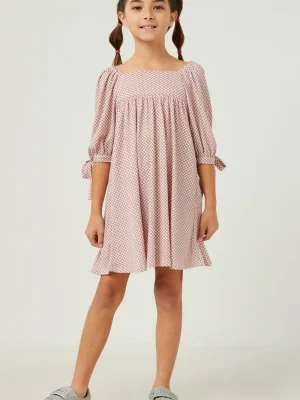 Be Made Hays, KS. Girls Tween Youth Hayden LA Textured Knit Gingham Dress Pink with Tie Sleeve and Square Neck