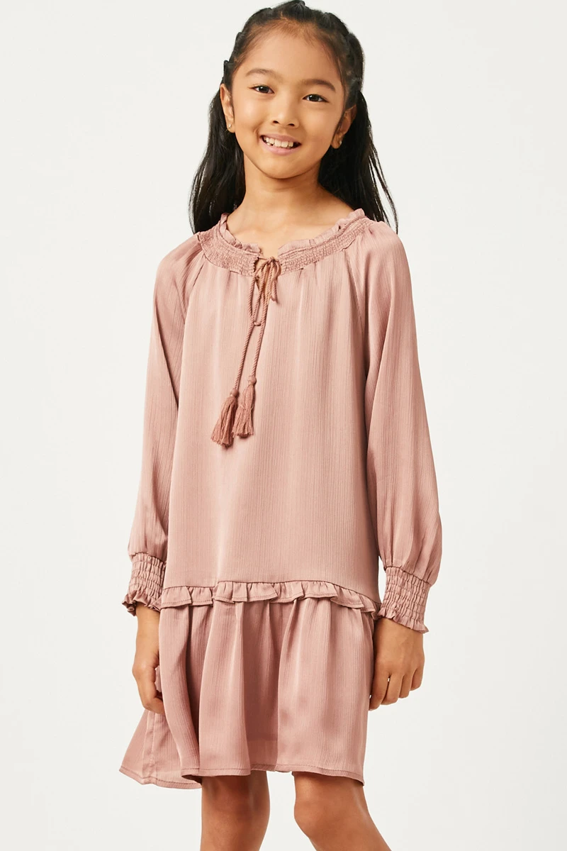 Be Made Hays, KS. Girls Tween Youth Hayden LA Floral Satin Mini Ruffle Mauve Dress with Long Sleeves and Tie Detail