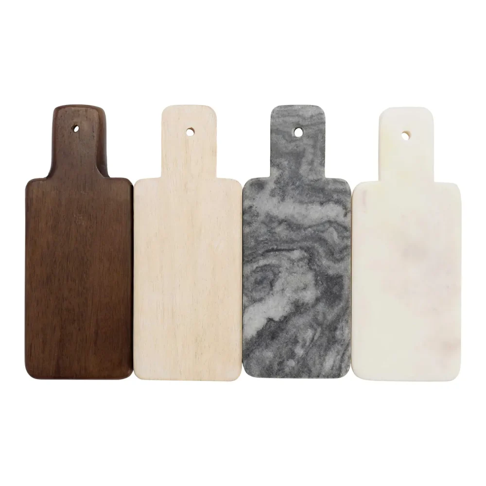 Set of four marble and wood mini boards displayed in a row, each with a handle and hanging hole for easy storage.