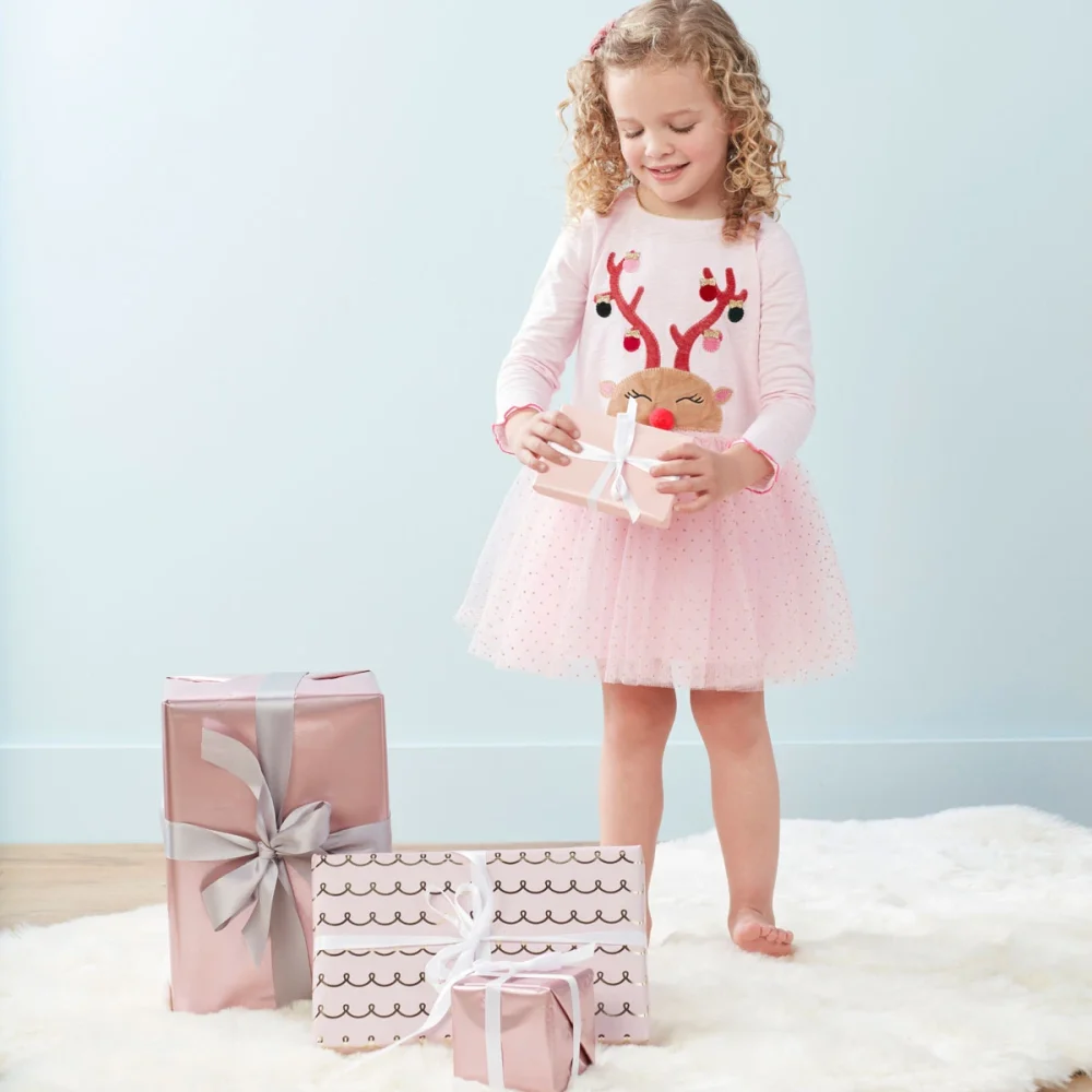 Be Made Hays, KS. Pink Kids Clothing Pink Reindeer Tunic Tutu Mesh Dress Cotton Christmas