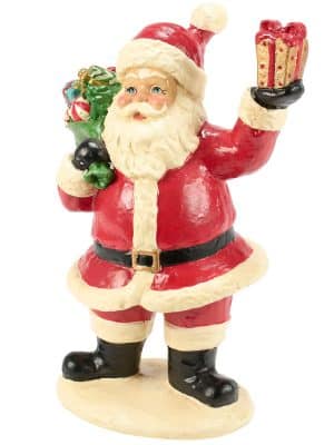 Santa Claus figurine holding gift and sack of toys, hand-painted in classic red and white.