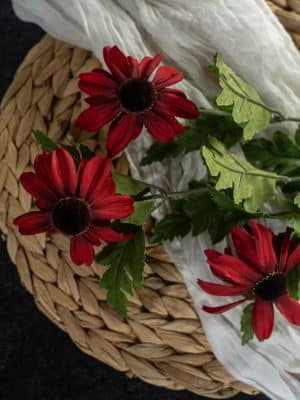 29″ Red Black Eyed Susan faux floral pick with lifelike red blooms and greenery, ideal for arrangements, baskets, or everyday home styling.