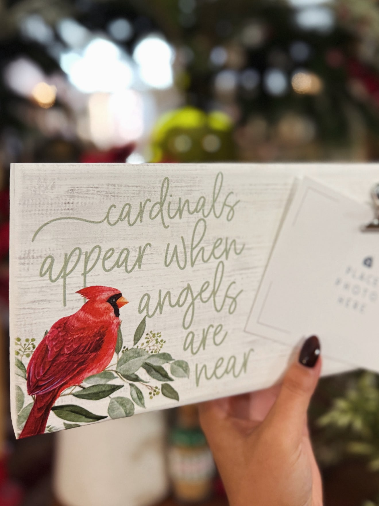 Close-up of the Cardinals Appear When Angels Are Near photo clip sign held in hand, showing the red cardinal and scripted message.