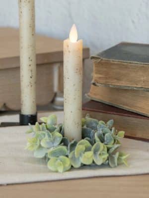 Faux eucalyptus candle ring, 4″ round taper candle accent with lifelike muted green leaves for everyday, seasonal, or rustic table styling.