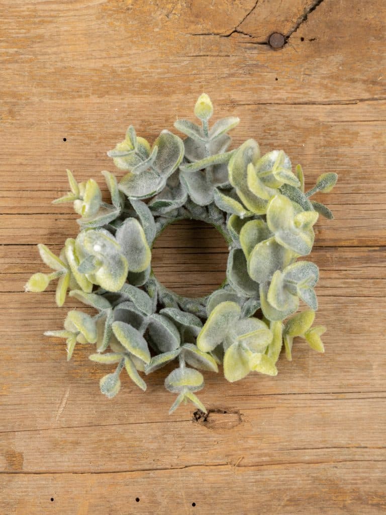 Eucalyptus Taper Candle Ring, 4″ faux greenery ring with soft muted green eucalyptus leaves, perfect for taper candles and table décor.