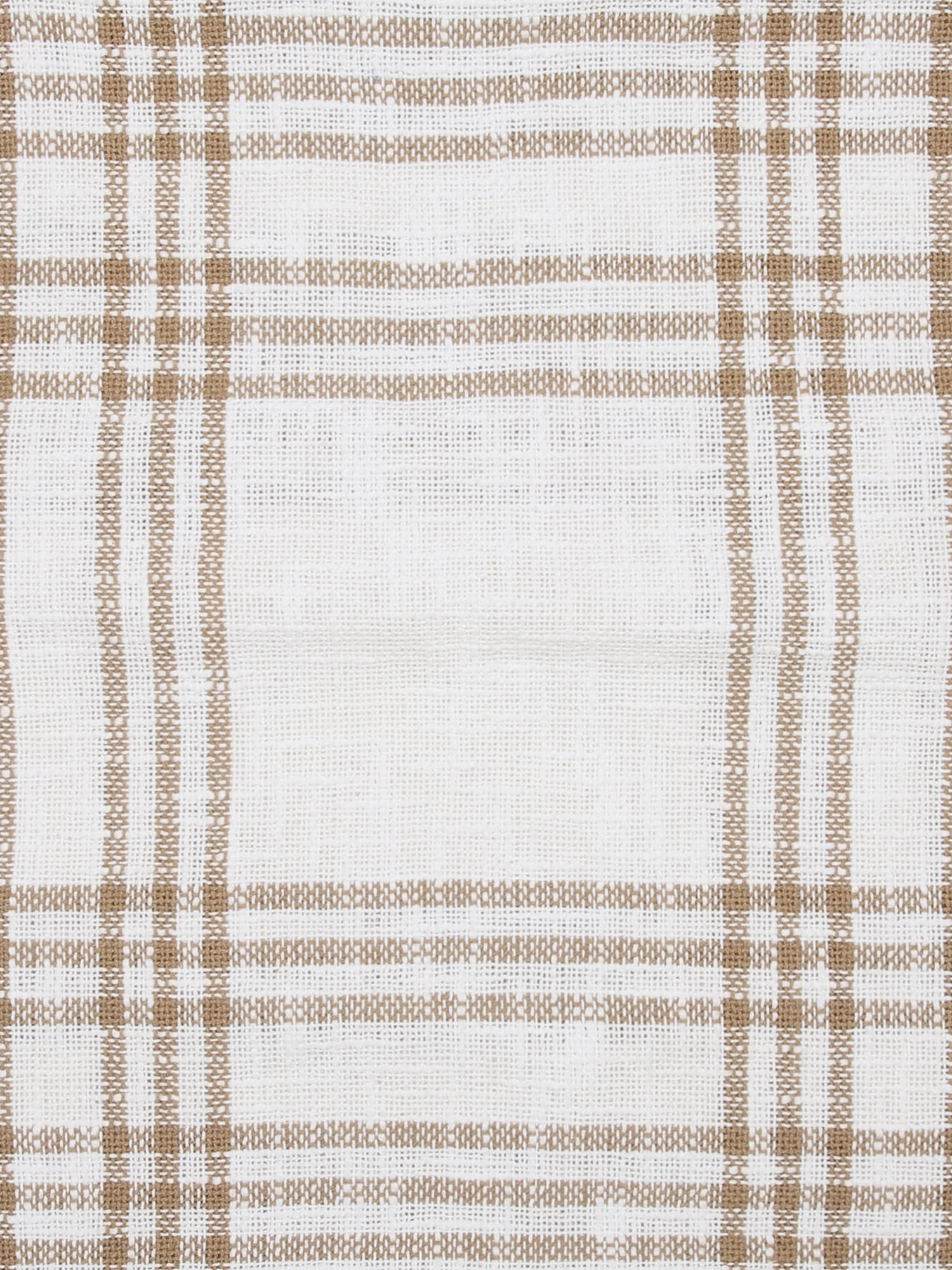 Close-up view of wheat-colored plaid pattern on cream woven throw blanket