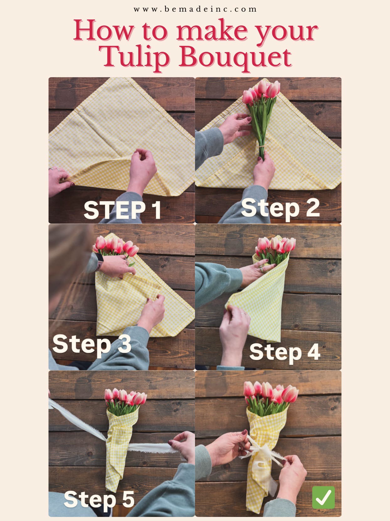Step-by-step graphic showing how to wrap a tulip bouquet using a yellow gingham cloth for a ready-to-gift presentation