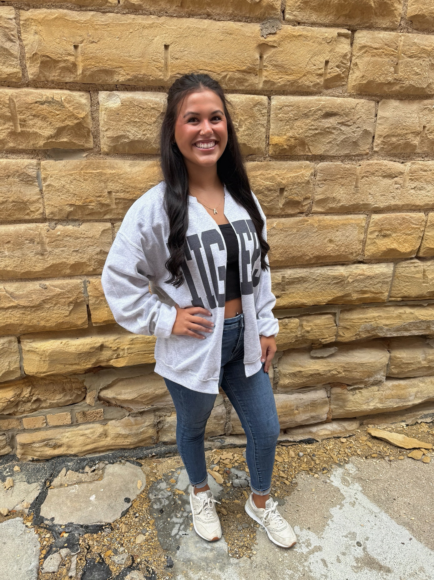 be-made-hays-ks-tigers-oversized-ash-gray-cardigan-closeup Tigers Oversized Ash Gray Cardigan featuring oversized block TIGERS lettering and raw edge finish.