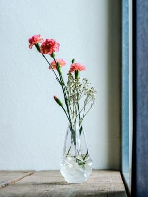 Faceted frosted glass vase with water, holding coral pink carnations and white filler flowers, set on a wooden windowsill