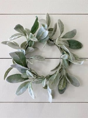 Velvety green Lamb’s Ear greenery ring with frosted texture, displayed on a white background for a cozy, natural look.