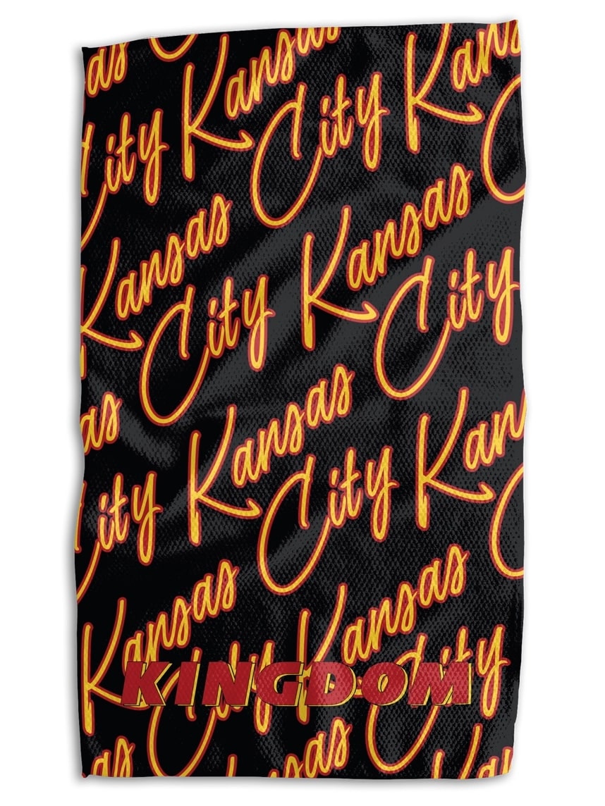Microfiber tea towel with Kansas City script pattern in red and gold, inspired by the Chiefs and Taylor Swift era.