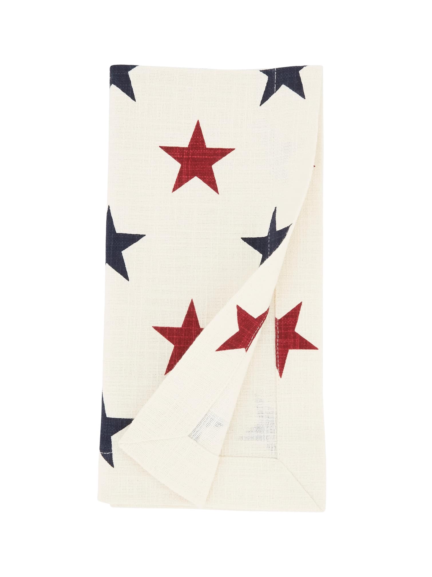 Folded Americana Stars Square Table Runner in ivory cotton with red and navy stars, showing fabric detail and patriotic pattern.