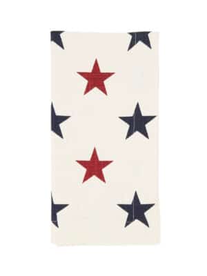 Americana Stars Square Table Runner featuring a repeating red and navy star design on ivory cotton for patriotic tabletop styling.
