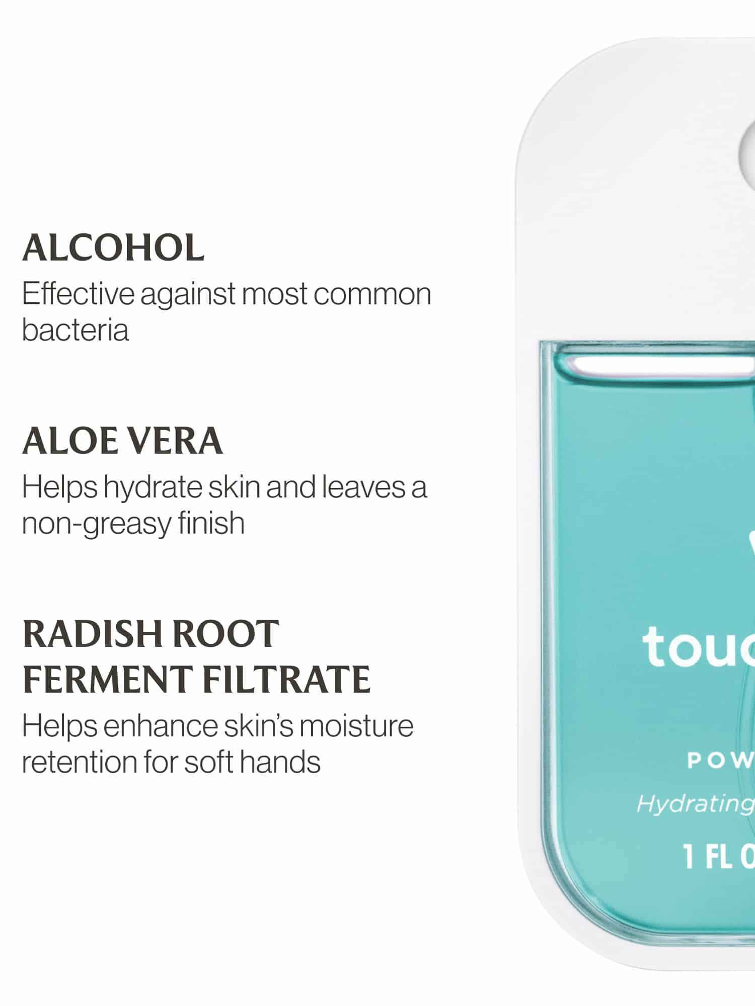 Touchland Blue Sandalwood sanitizer bottle showing hydrating ingredients like aloe vera and radish root ferment.