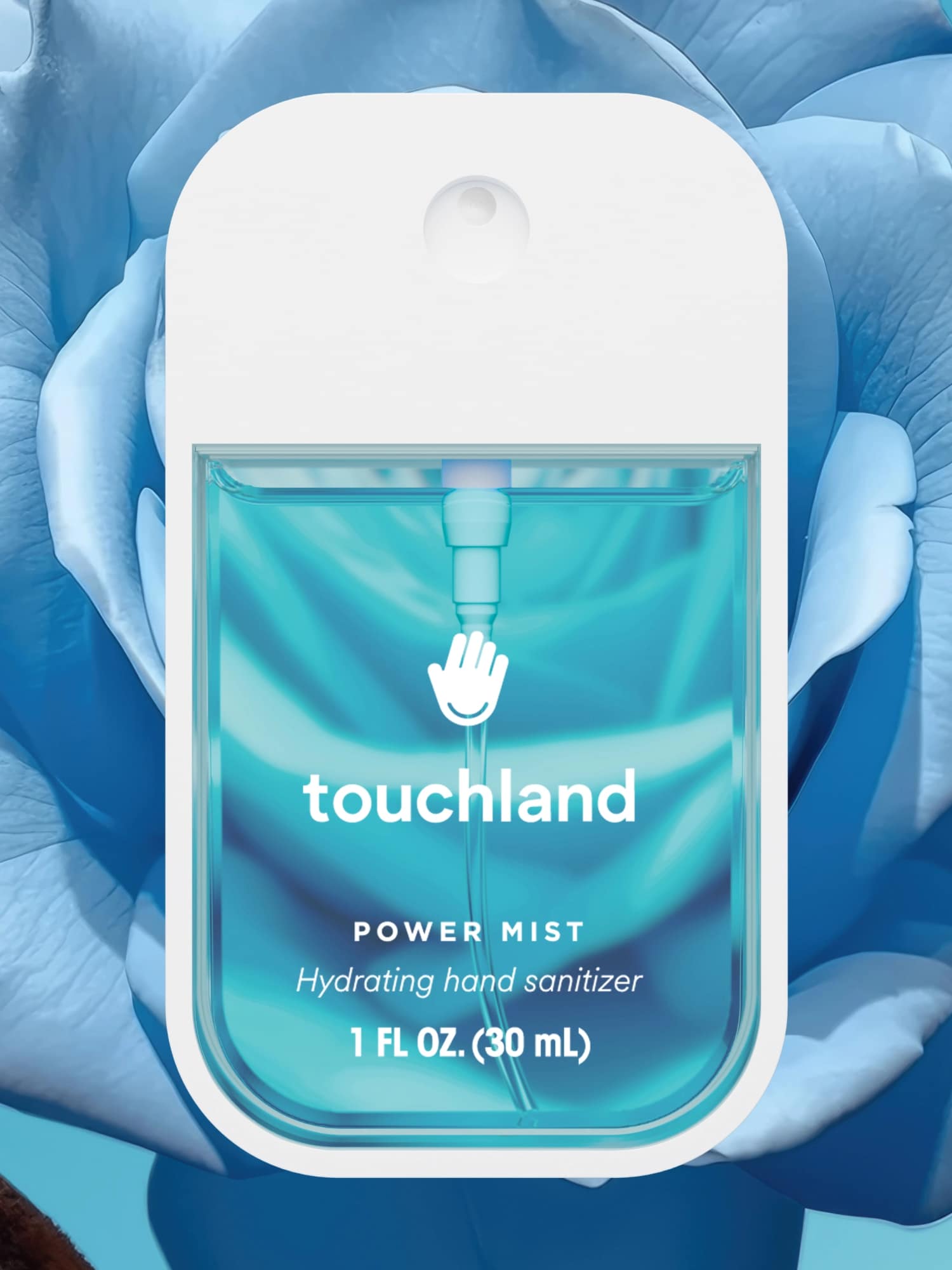 Blue Sandalwood Touchland Power Mist hand sanitizer spray with hydrating formula and sleek blue design.