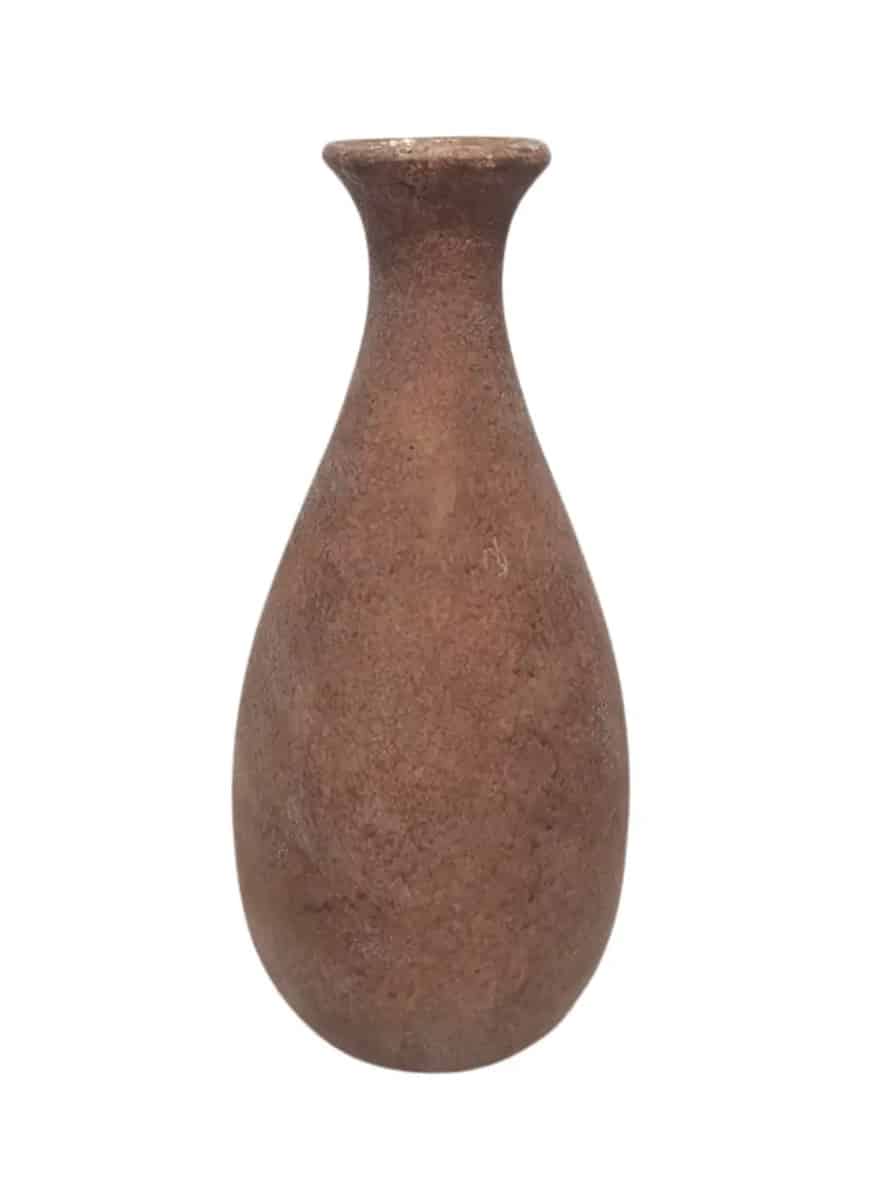 Brown matte-finished clay vase with a smooth curved shape on a light background.