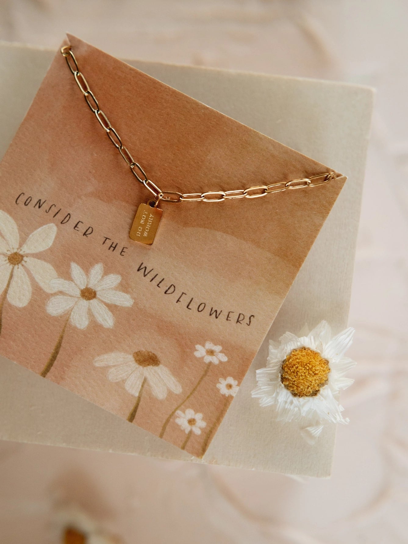 be-made-hays-ks-do-not-worry-mini-tag-necklace-gold Close-up of Do Not Worry Mini Tag Necklace on wildflower card with daisy detail