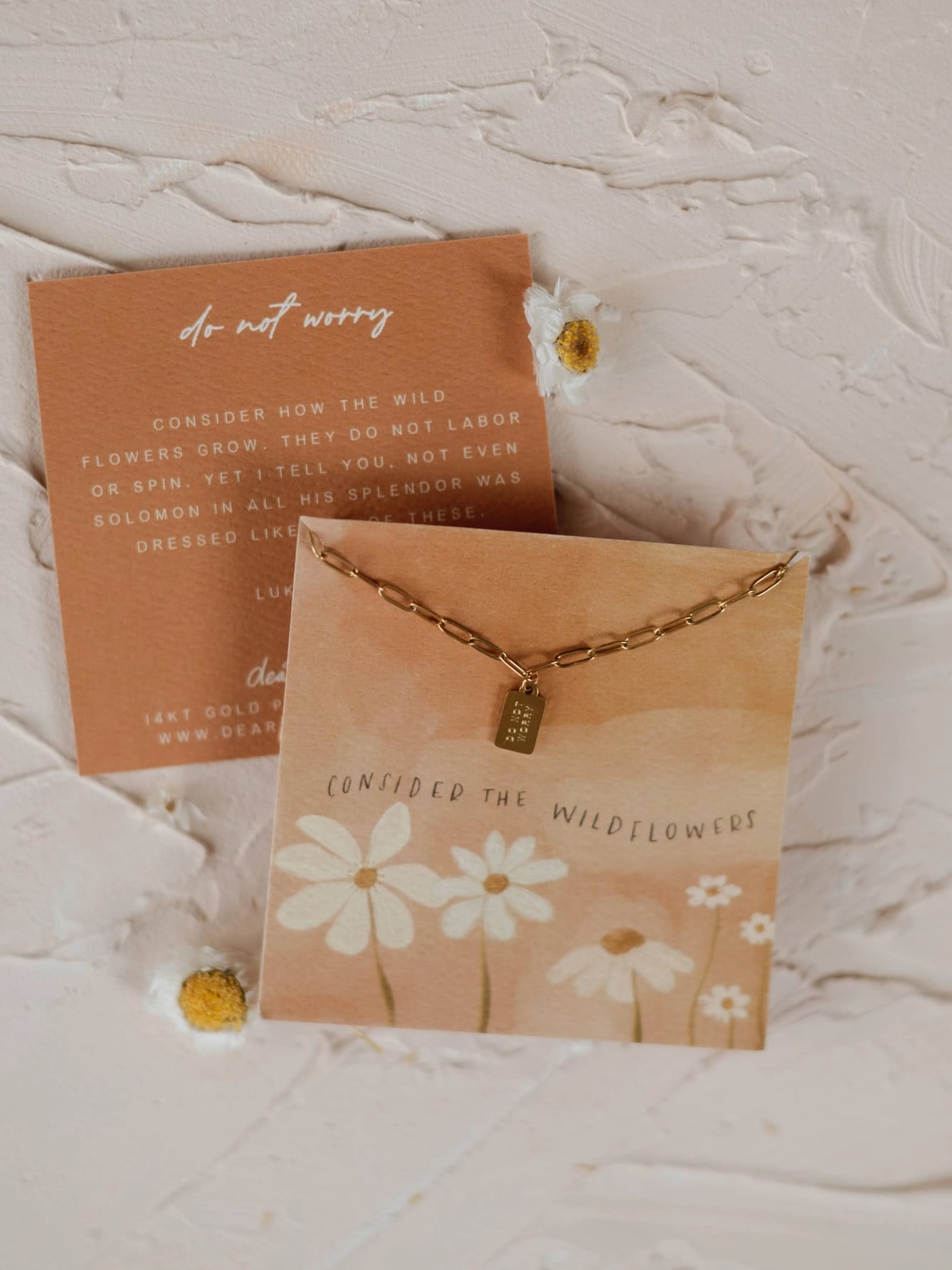 Do Not Worry Mini Tag Necklace displayed on wildflower artwork scripture card