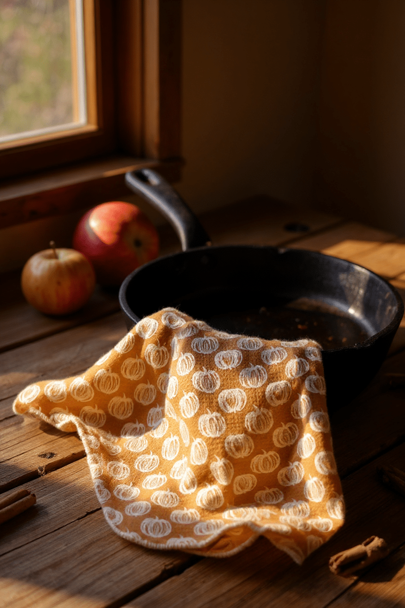 Fall Bounty Geometry Towel draped on a rustic wooden counter beside apples and a cast-iron skillet, showing seasonal pumpkin print design.