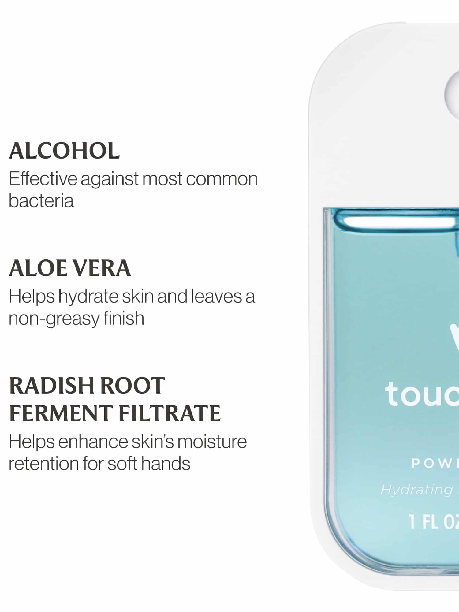 Touchland Frosted Mint Power Mist ingredient list highlighting alcohol, aloe vera, and radish root ferment filtrate.