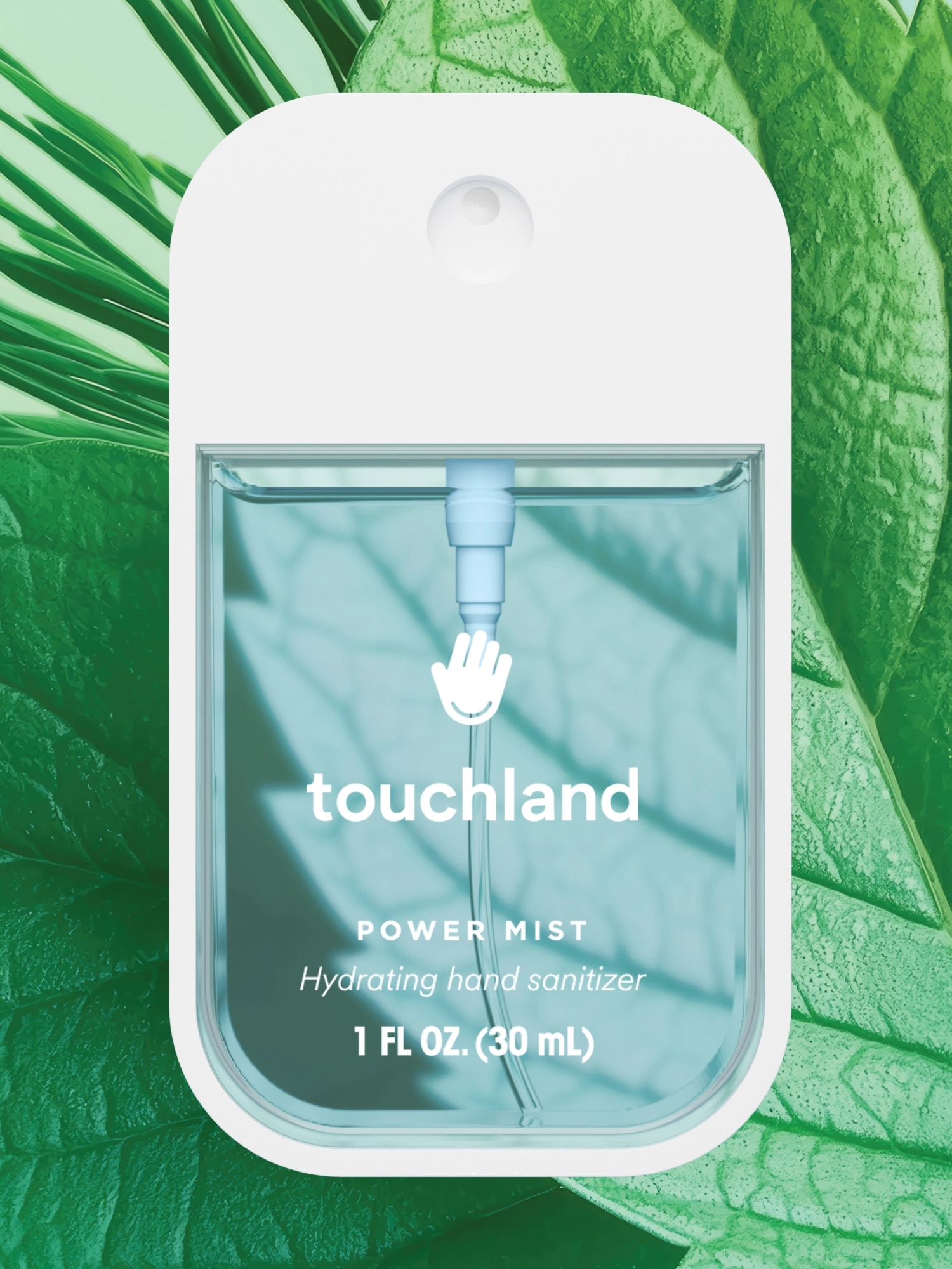 Touchland Frosted Mint Power Mist Hand Sanitizer shown against a green leaf background.