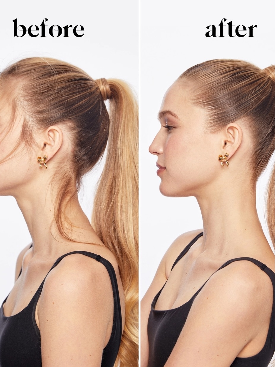 Before and after photo showing sleek, frizz-free hair achieved using the Kitsch Hair Wax Stick.