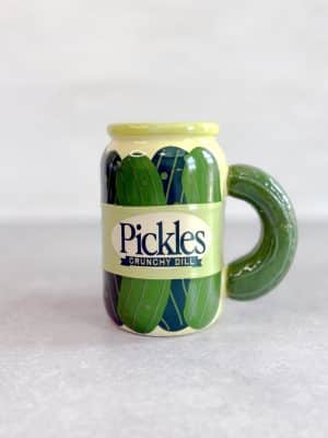Back of the Ceramic Pickle Jar Mug showing pickle graphics wrapping fully around the jar.