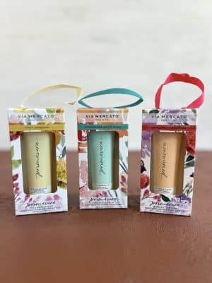 Full set of Via Mercato boxed gift duos including Mint Verbena (yellow), Bergamot Lavender (orange), and Hydrangea White Musk (green).