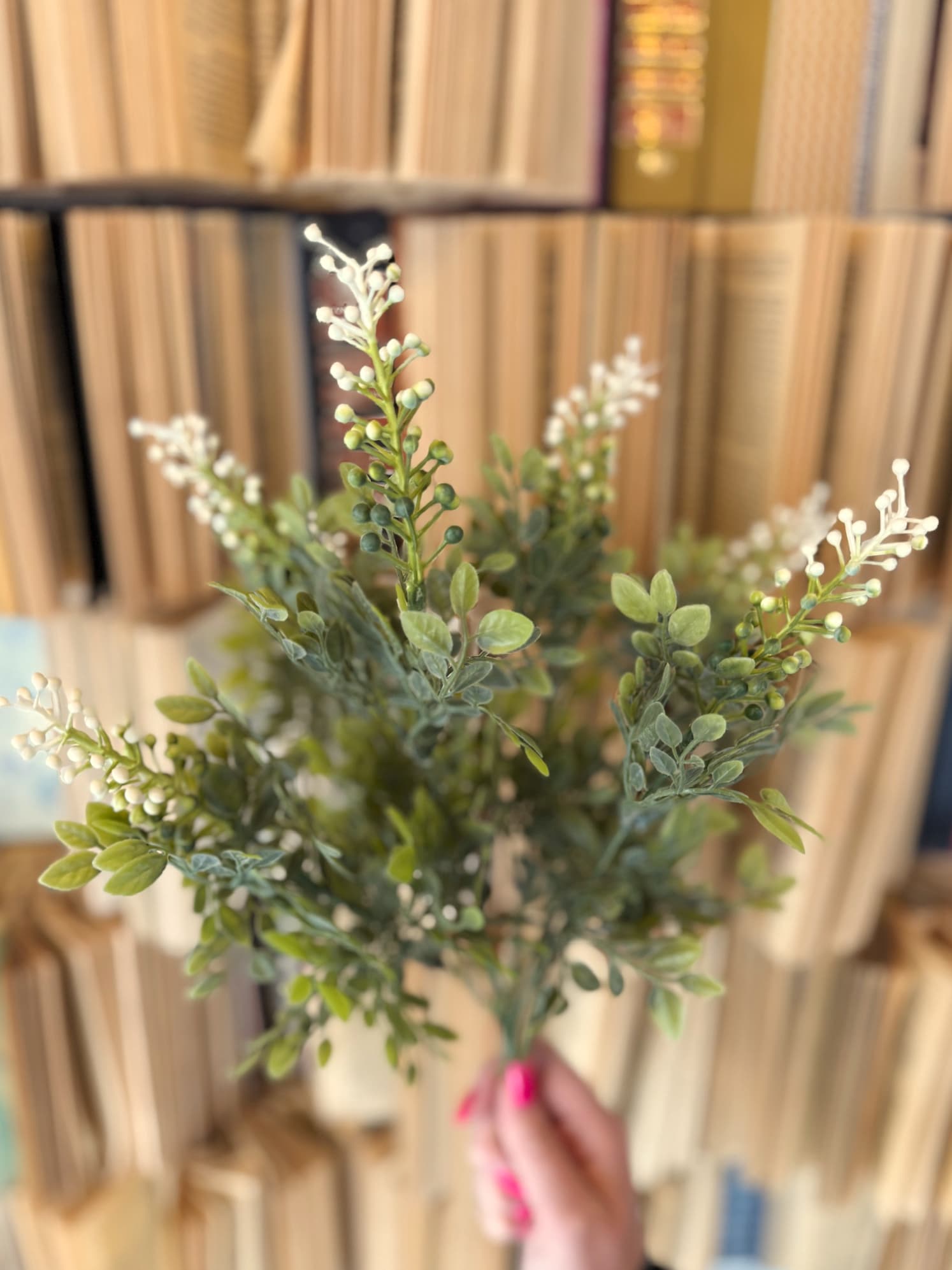 Faux cloister berry bush with muted green leaves and soft white berry shoots creating a freshly gathered look.
