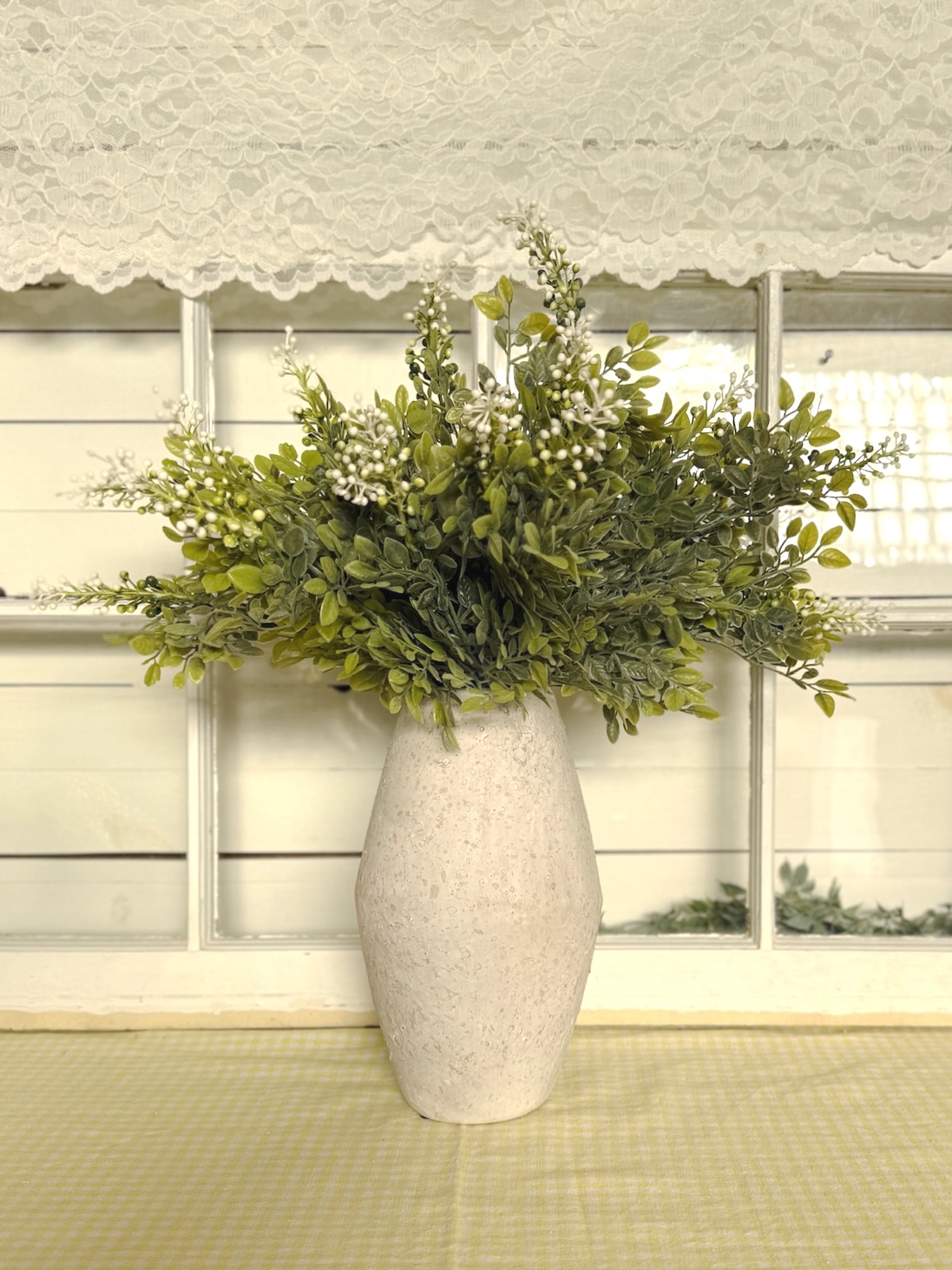 Farmhouse Rustic White Vase Large With Green Botanical Arrangement