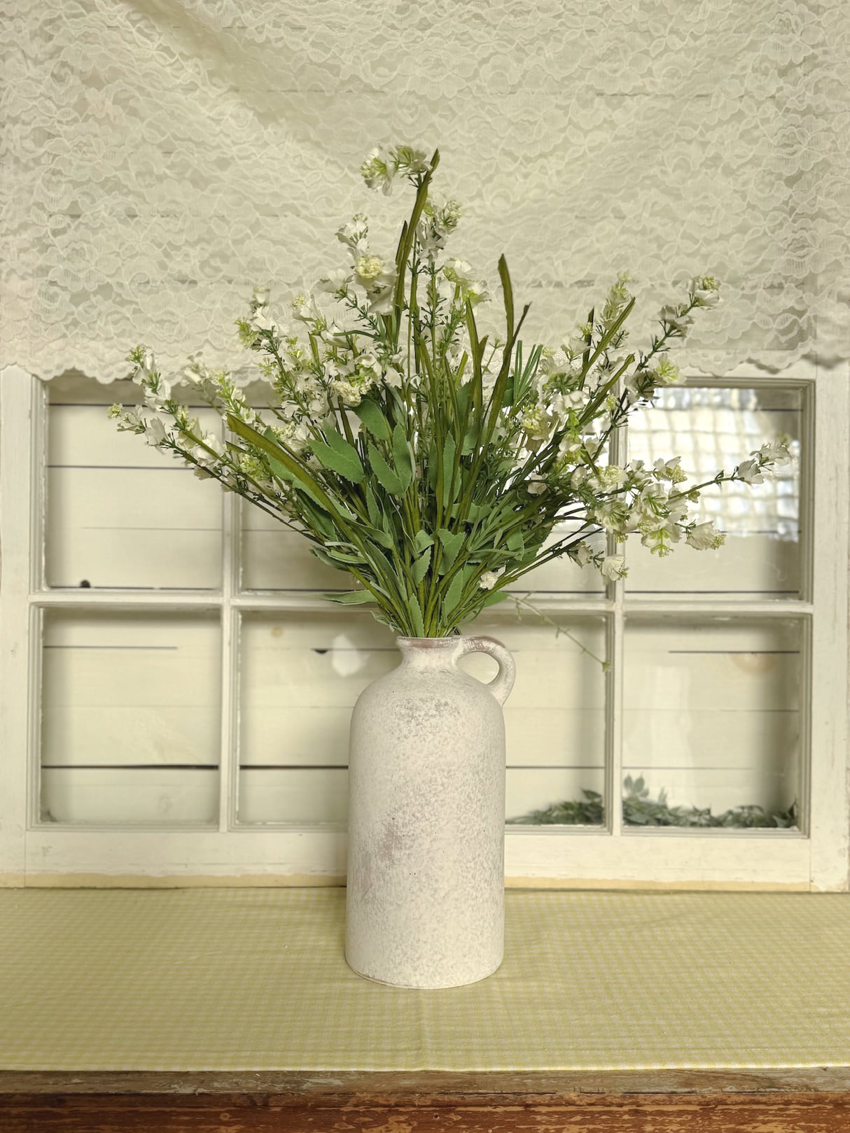 Tall Farmhouse White Jug Vase With Faux Green Botanical Stems