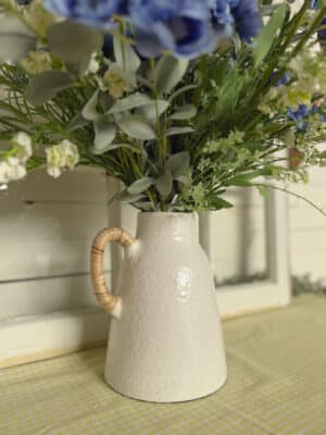 Rattan Wrapped Handle Vase Small With Faux Florals and Speckled Off-White Finish