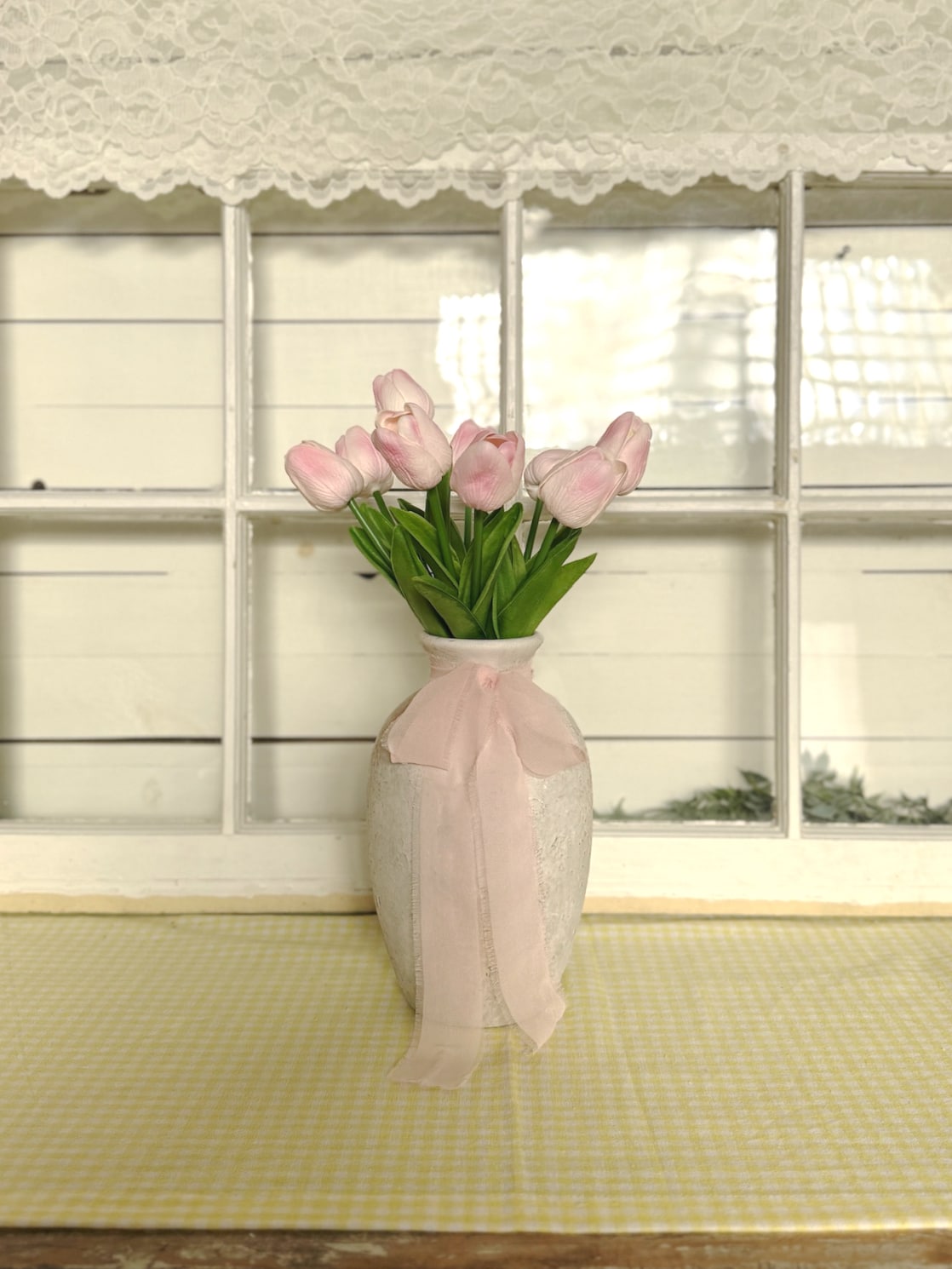 Distressed White Vase Medium Size With Pink Tulip Arrangement