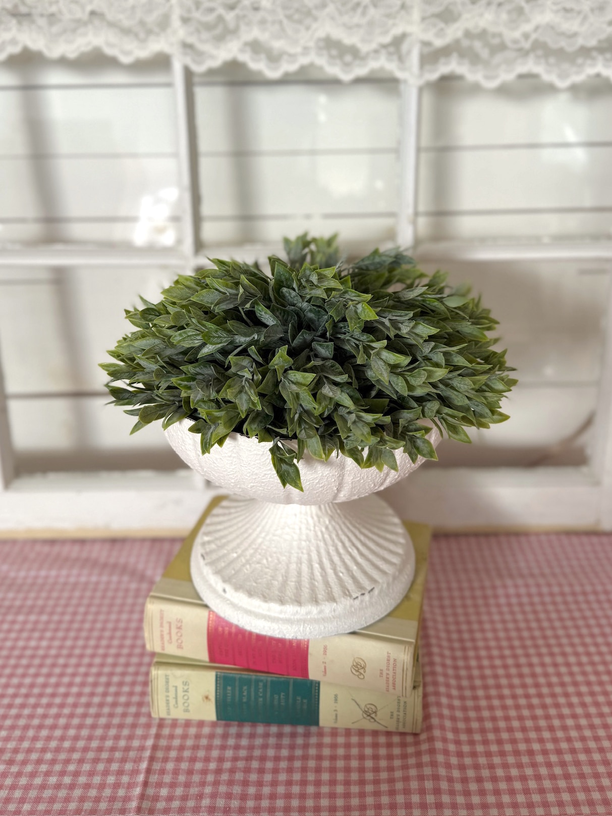 Farmhouse Pedestal Bowl With Lush Faux Greenery for Year Round Decor