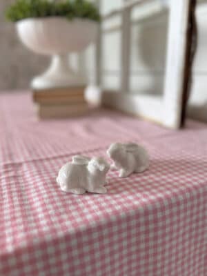 Two Mini White Ceramic Bunny Figurines Styled Together for Easter Decor