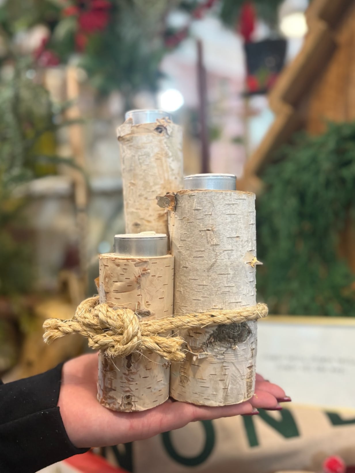 Birch Trio Candle Holder tied with twine shown from the front.