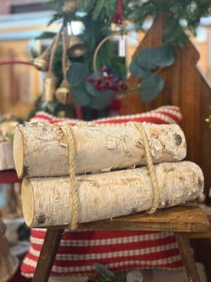 Decorative Birch Log Bundle tied with twine shown from the side.