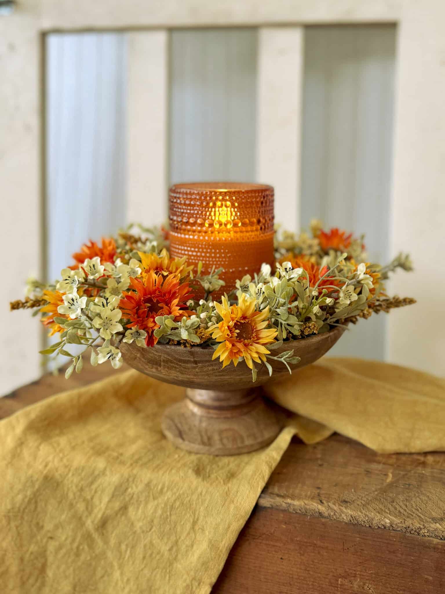 be-made-hays-ks-fall-orange-glass-bubble-flameless-candle-fall-embrace-candle-ring-wood-footed-bowl-centerpiece