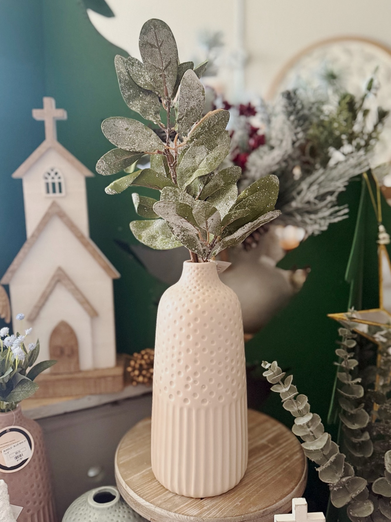 Frosted Lamb’s Ear Pick styled in a Textured Tan Stoneware Vase with soft winter greenery and matte neutral finish.