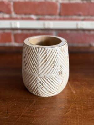 Front view of Hand Carved Big Diamond Planter with geometric diamond pattern and natural wood finish.