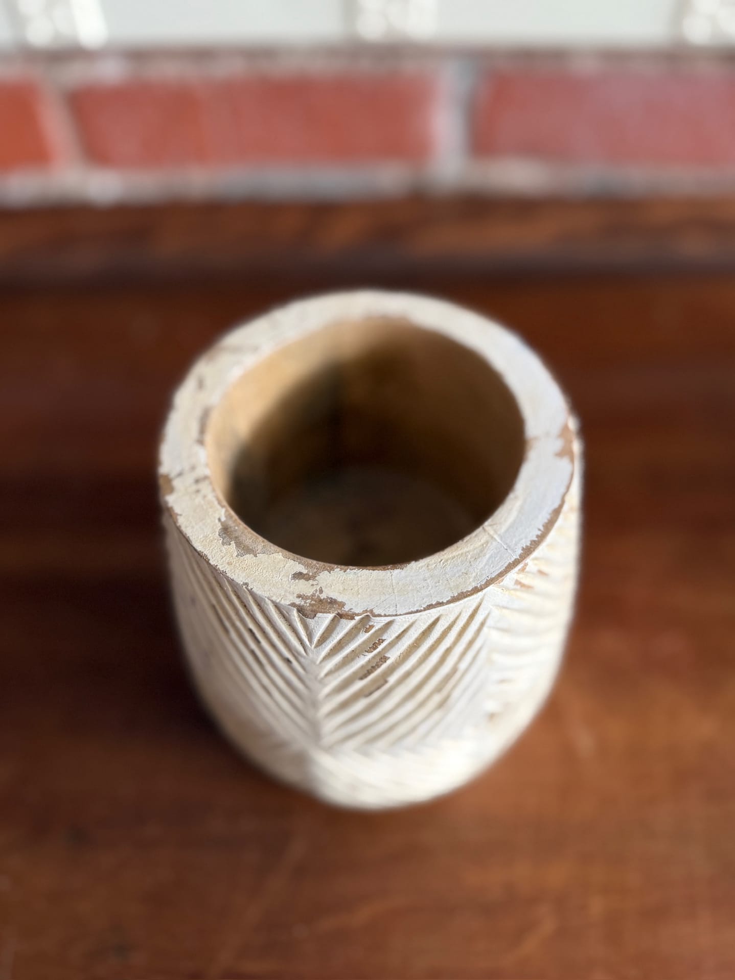 Hand Carved Big Diamond Planter made from natural mango wood with carved diamond texture, top view.