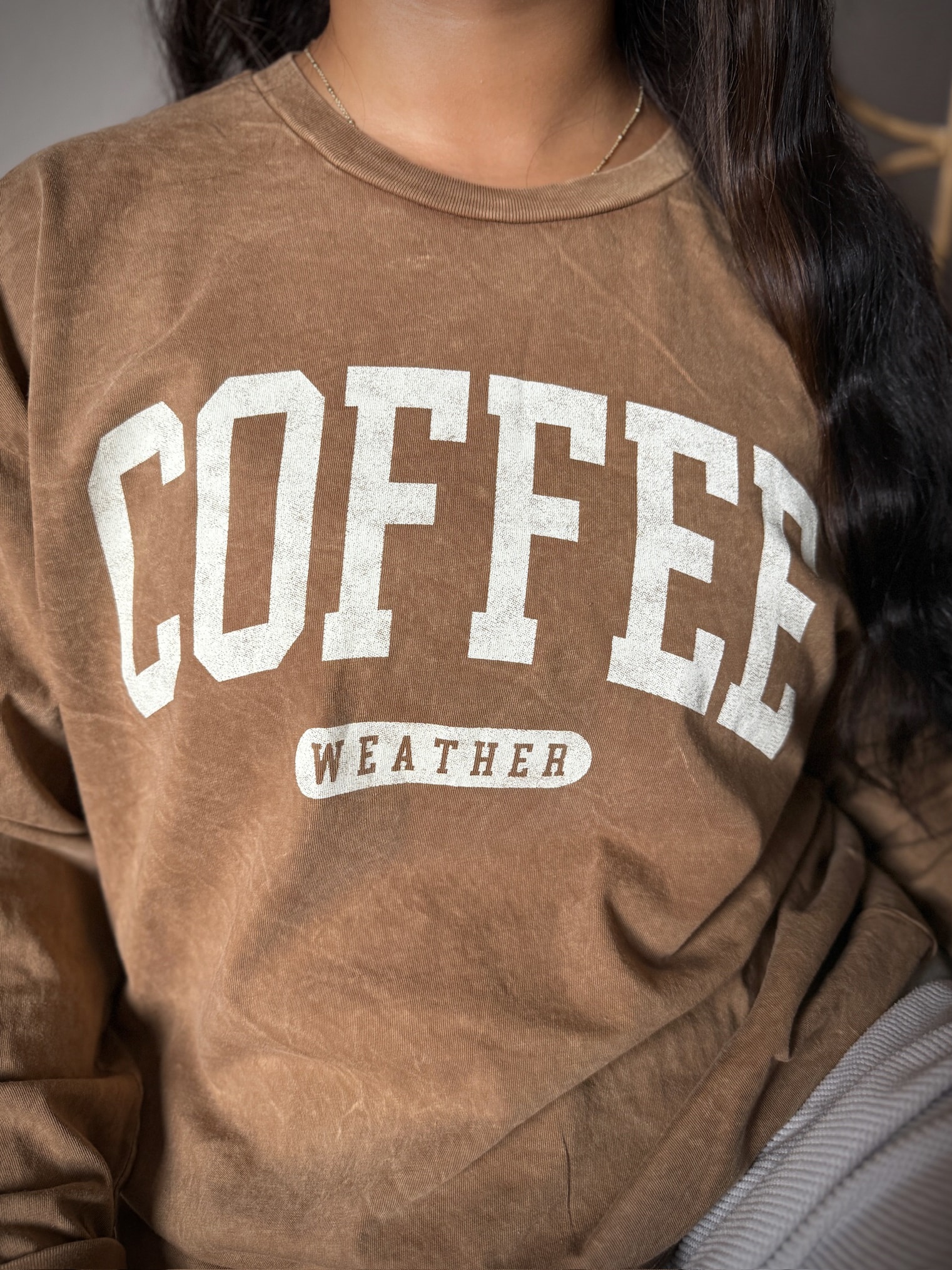 Model wearing Coffee Weather long sleeve tee in toast tan with collegiate graphic.